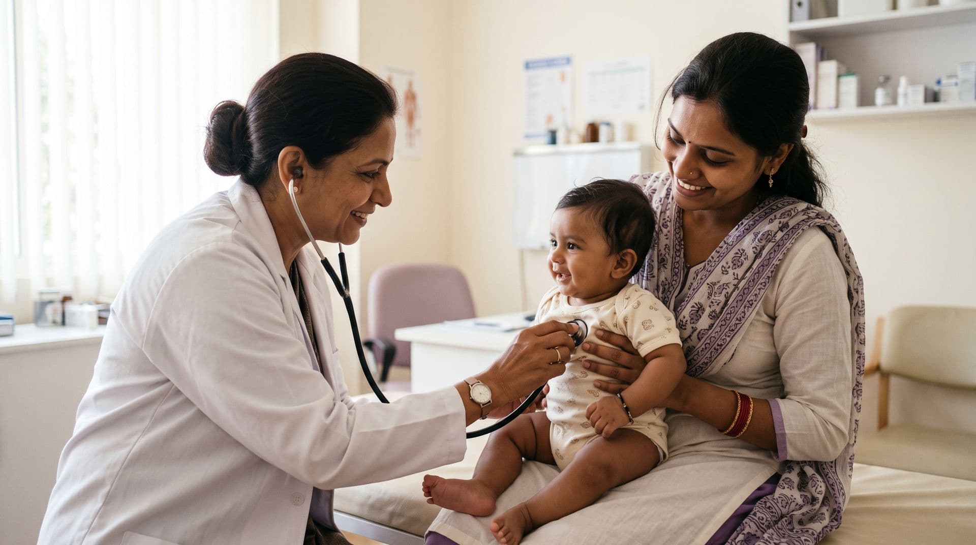 A pediatrician examining an infant held by their mother