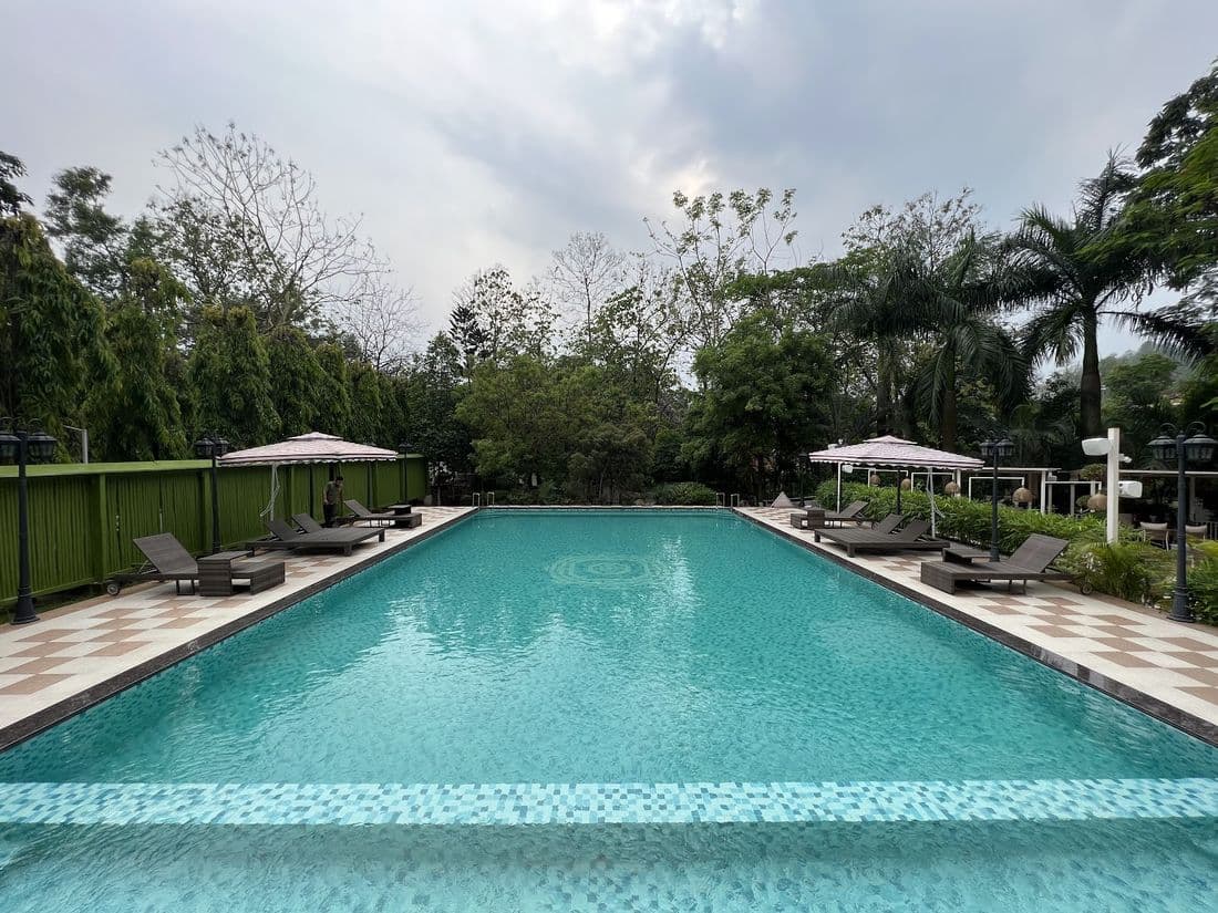 The resort pool and landscaped grounds