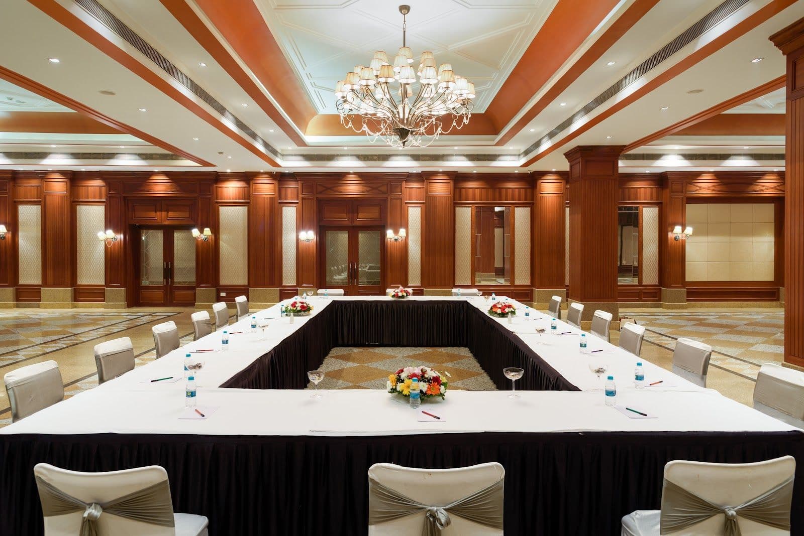 The banquet hall at The Greenwood Resort, laid out for a conference session